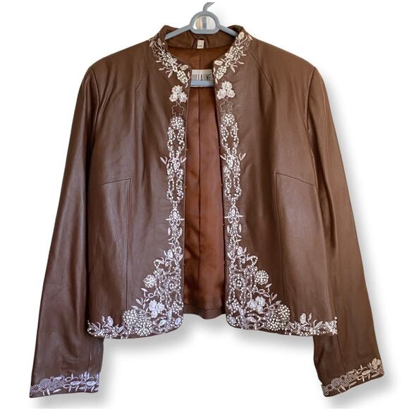 Vintage Guillaume NWT Brown Leather Beaded Jacket - Picture 1 of 4